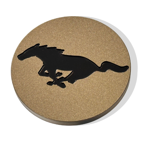 Mach-E center cap forged metal wheel cover with black running horse design in recessed style