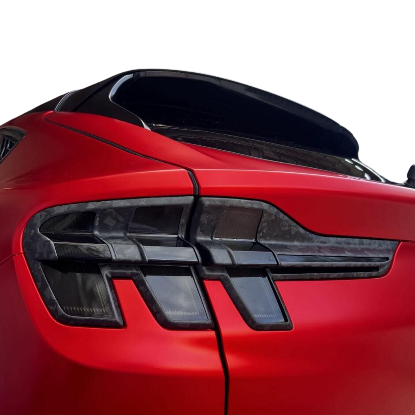 Dry carbon fiber kit rear tail light trim on red Mustang Mach-E 2021-2025