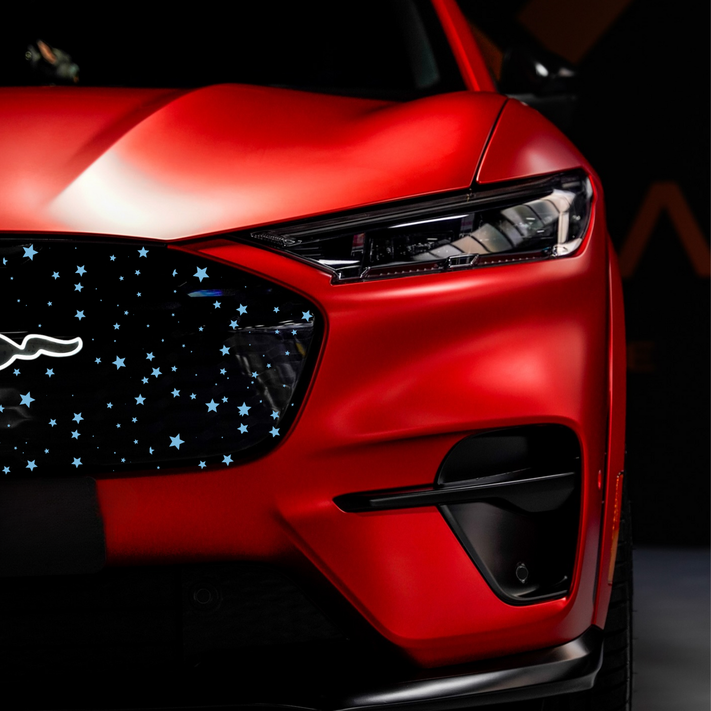 Light up carbon fiber grille with neon pony and stars for 2021-2025 Mustang Mach-E front fascia