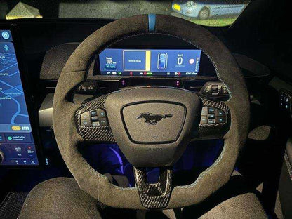 Custom made steering wheel for Mustang Mach-E with Alcantara grip and carbon fiber accents
