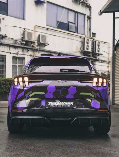 Rear view of Mustang Mach-E with Spoiler V1 carbon fiber trunk spoiler installed