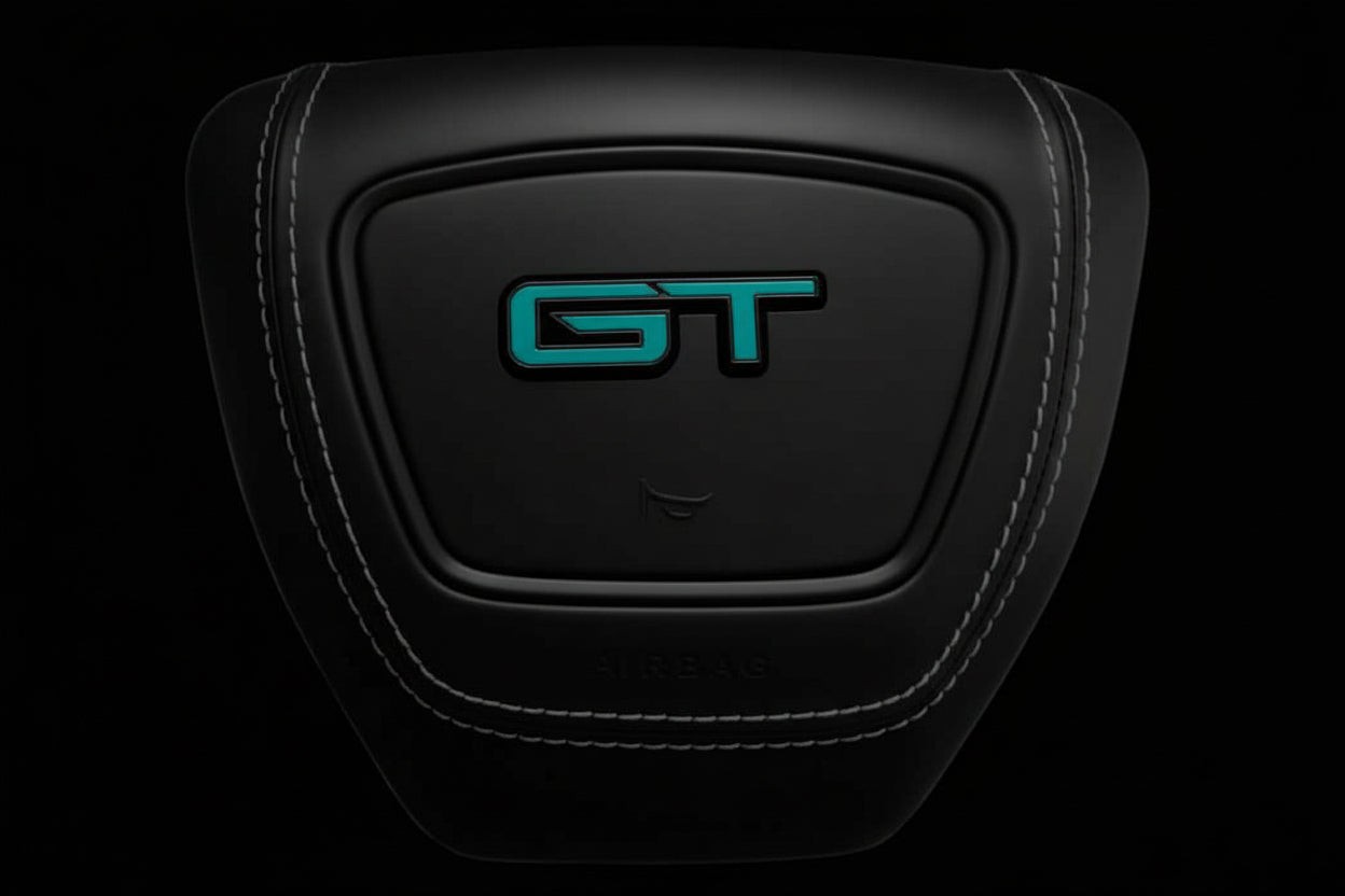 Ford Mustang Mach-E center airbag cover with app-controlled illuminated GT logo and leather finish