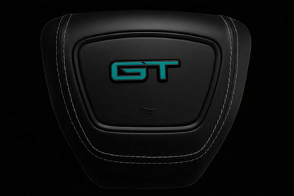 Ford Mustang Mach-E center airbag cover with app-controlled illuminated GT logo and leather finish