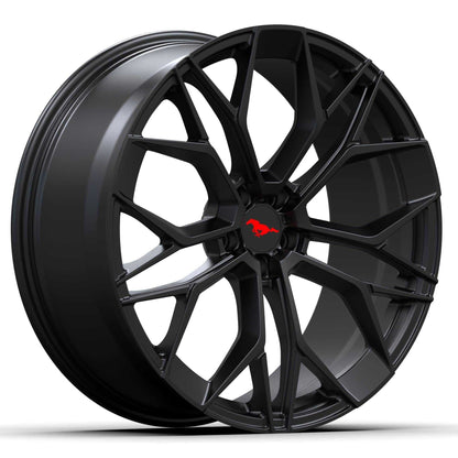 Black forged aluminum wheel for Mustang Mach-E with intricate multi-spoke design and red Mustang logo center cap