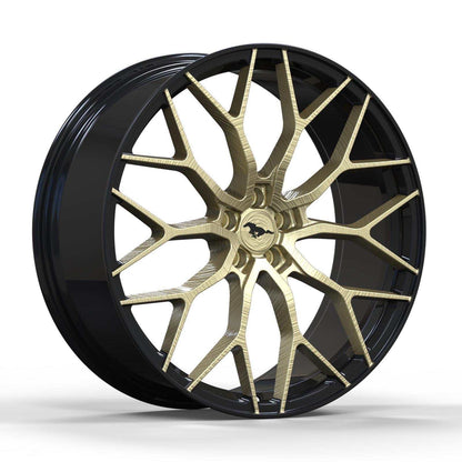 Custom forged aluminum wheel for Mustang Mach-E with intricate gold and black design