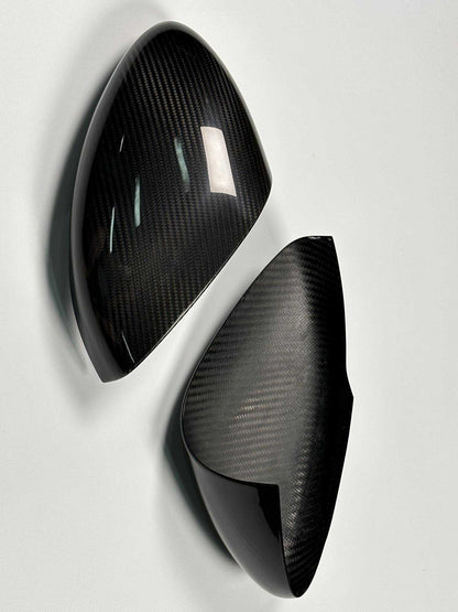 Dry carbon fiber mirror caps for Mustang Mach-E 2021-2025 in carbon black and forged carbon finish
