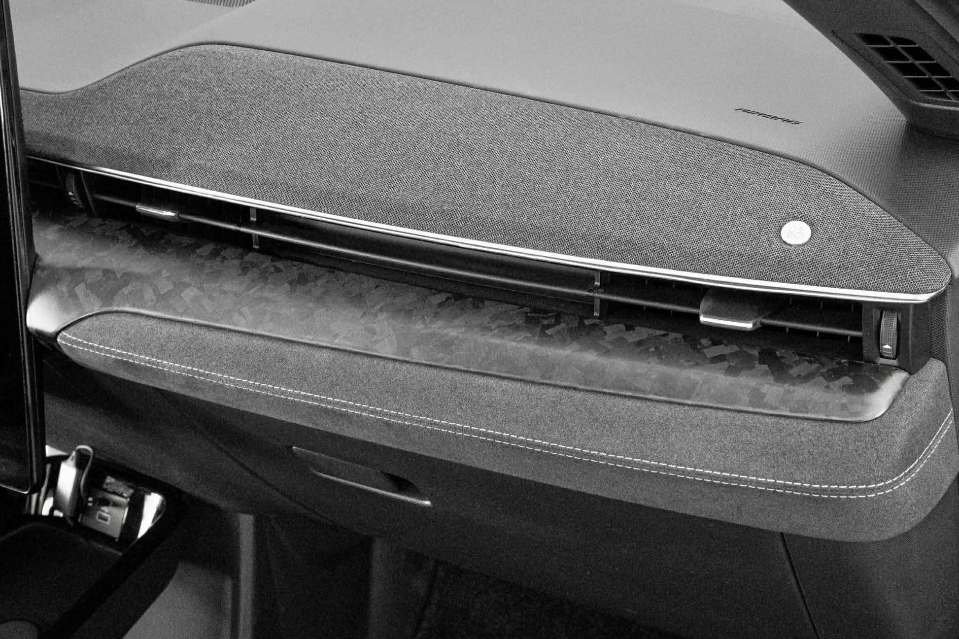 Dry Carbon Fiber Dash interior upgrade for Ford Mustang Mach-E 2021-2025 with lightweight, high-strength finish in forged carbon pattern