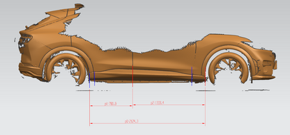 Side skirts design blueprint for Mustang Mach-E 2021-2025 showing detailed side profile measurements