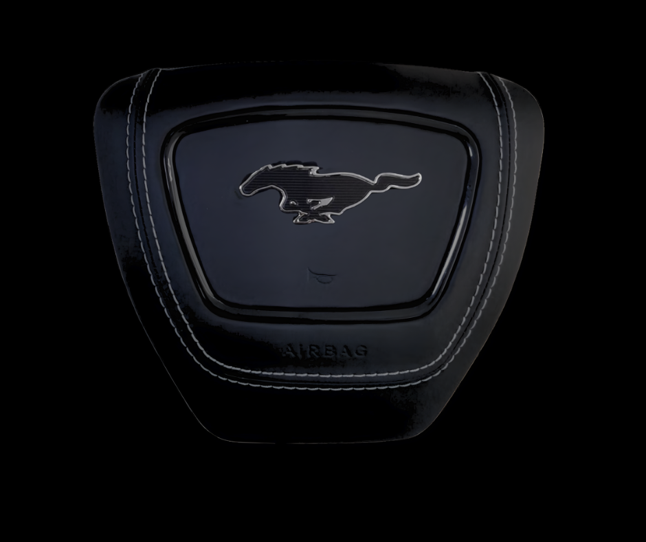 Ford Mustang Mach-E center airbag cover with premium leather, contrast stitching, and embossed logo