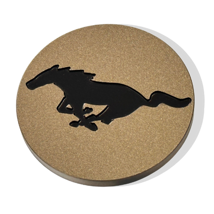 Mach-E center cap forged metal wheel cover with black running horse design in recessed style