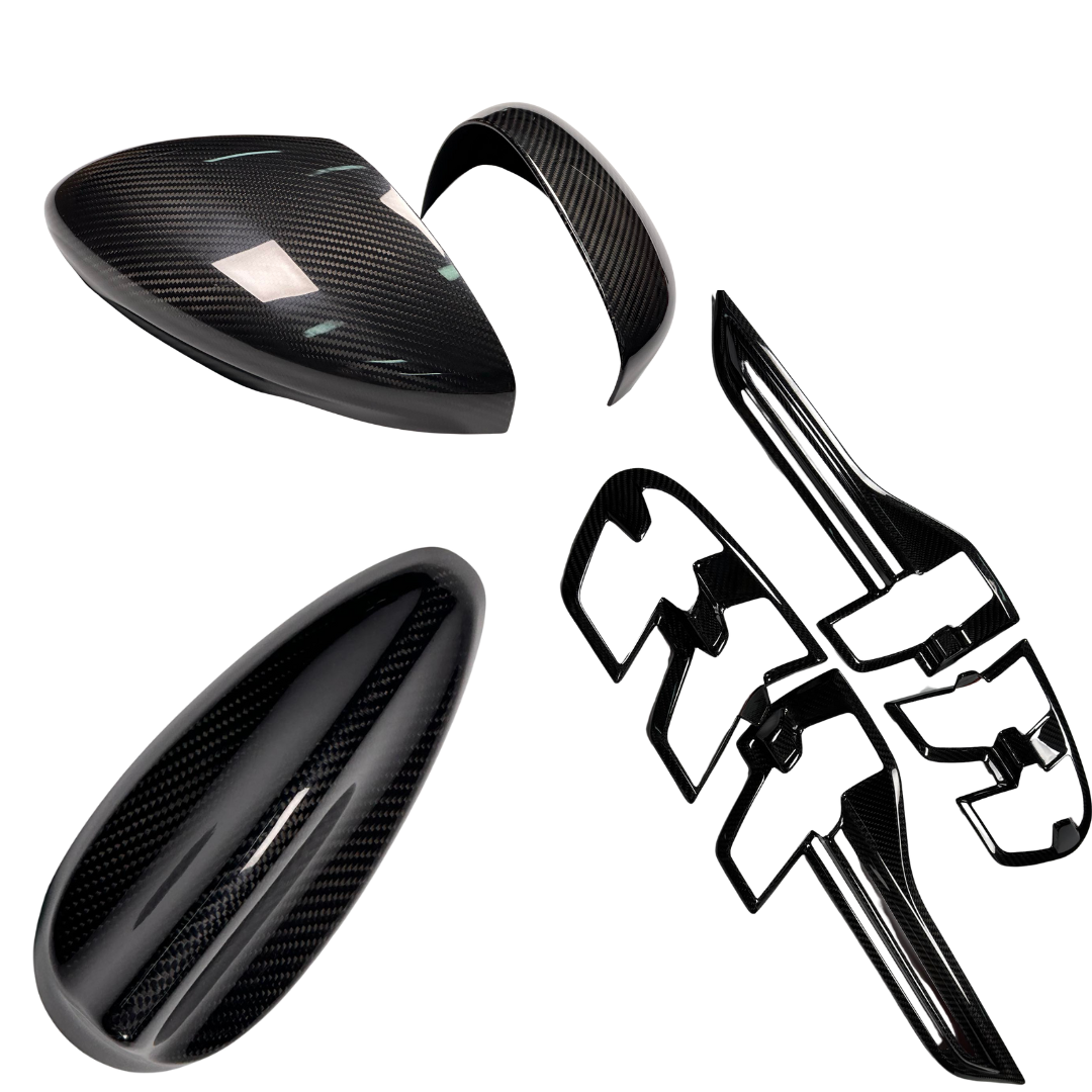 Dry carbon fiber kit including mirror caps, shark antenna, and rear lamp trims for Mustang Mach-E 2021-2025