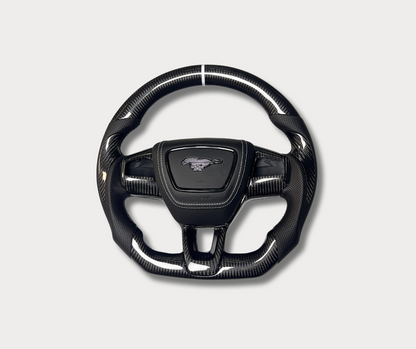 Custom made carbon fiber steering wheel for Mustang Mach-E with original Ford parts and multifunction buttons