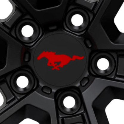 Black Mach-E center cap with red running horse logo, forged metal, precision fit, custom design, and durable wheel accessory