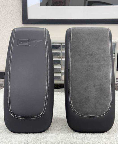 Custom-made armrest pair with premium leather and Alcantara, white stitching, and embossed GT logo for ultimate comfort and style upgrade