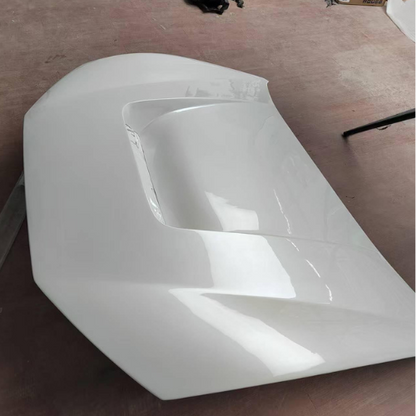 White Shelby Style Fiber Hood for Ford Mustang Mach-E 2021-2025 with aerodynamic design and glossy finish