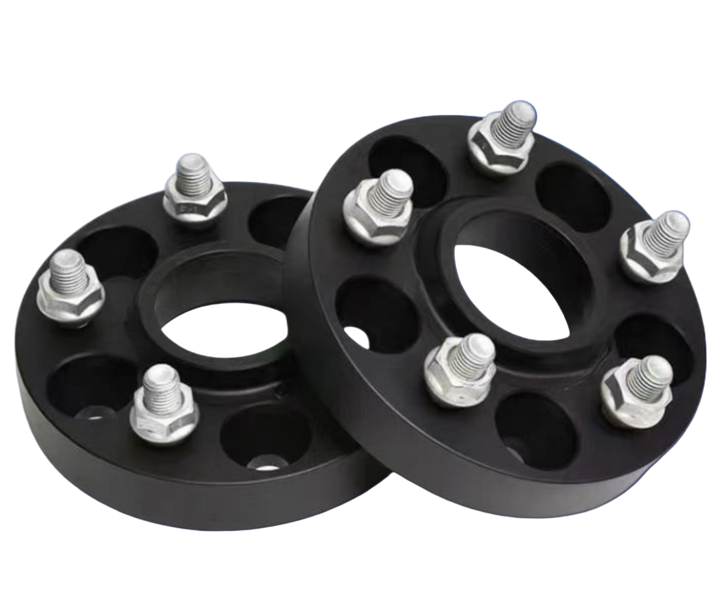 Pair of black forged aluminum spacers for vehicle wheels with silver studs