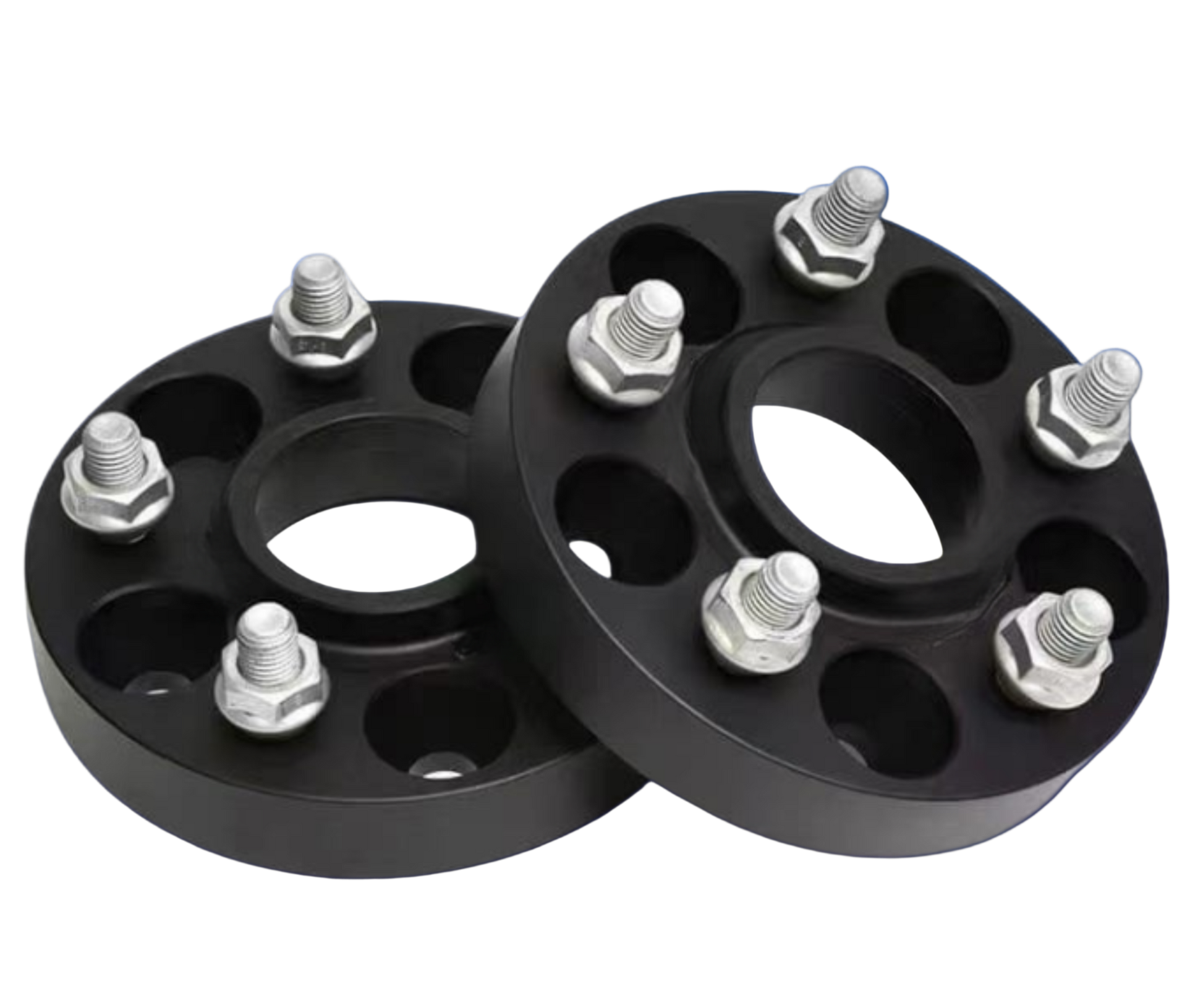 Pair of black forged aluminum spacers for vehicle wheels with silver studs