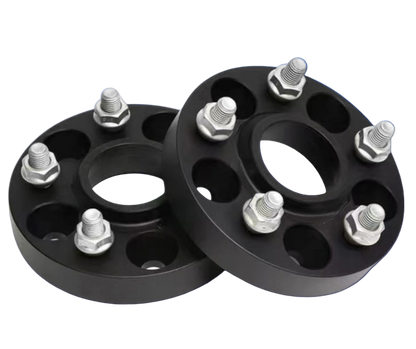Pair of black forged aluminum spacers for vehicle wheels with silver studs