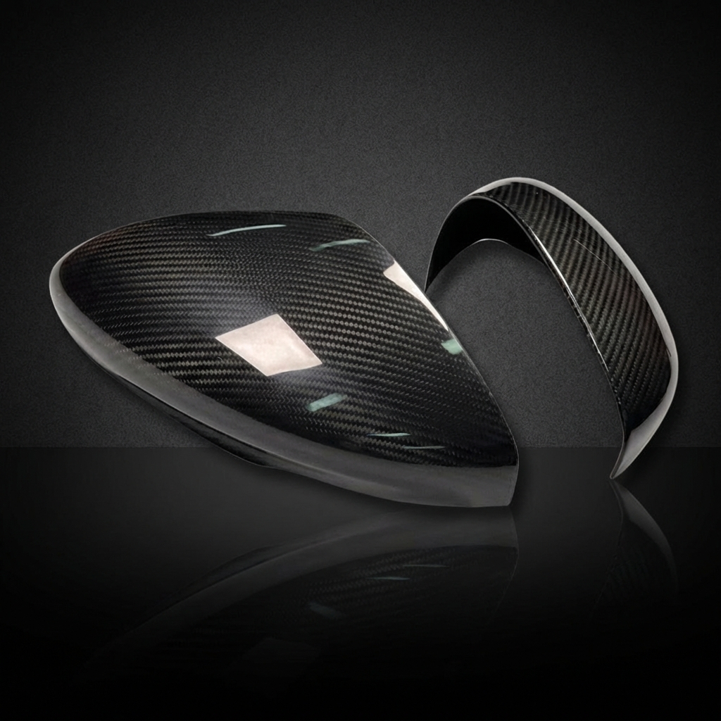 Mirror caps for Mustang Mach-E made of dry carbon fiber in carbon black or forged carbon finish