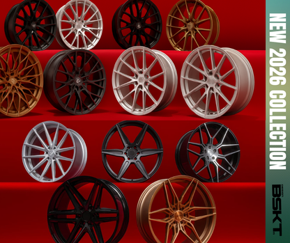 Assorted forged wheels for Mustang Mach-E in black, silver, and bronze finishes, new 2026 collection by BSKT displayed on red background