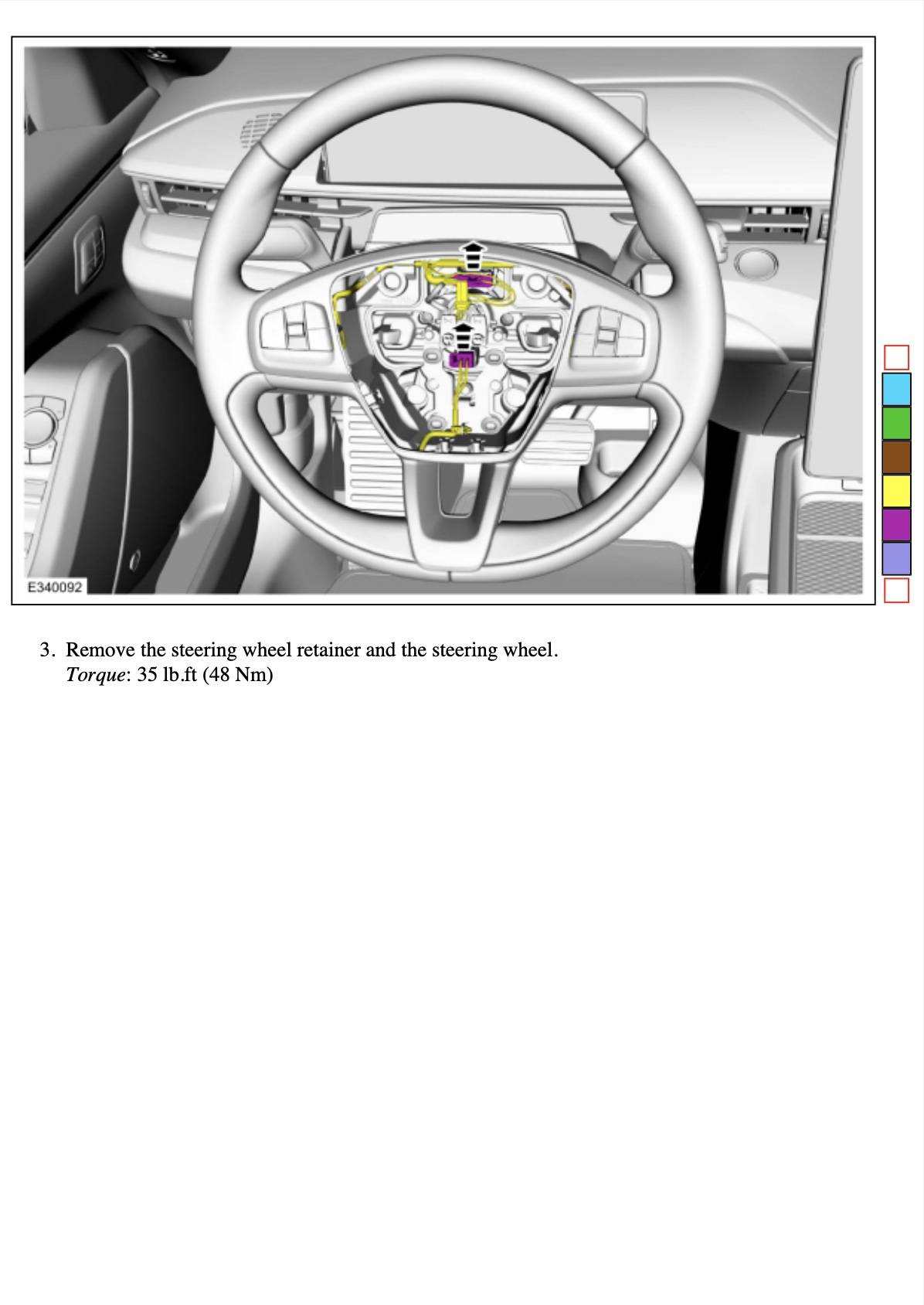 Diagram of Ford OEM Yoke steering wheel removal process with torque specification on Mach-E dashboard background