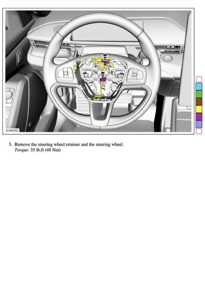 Diagram of Ford OEM Yoke steering wheel removal process with torque specification on Mach-E dashboard background