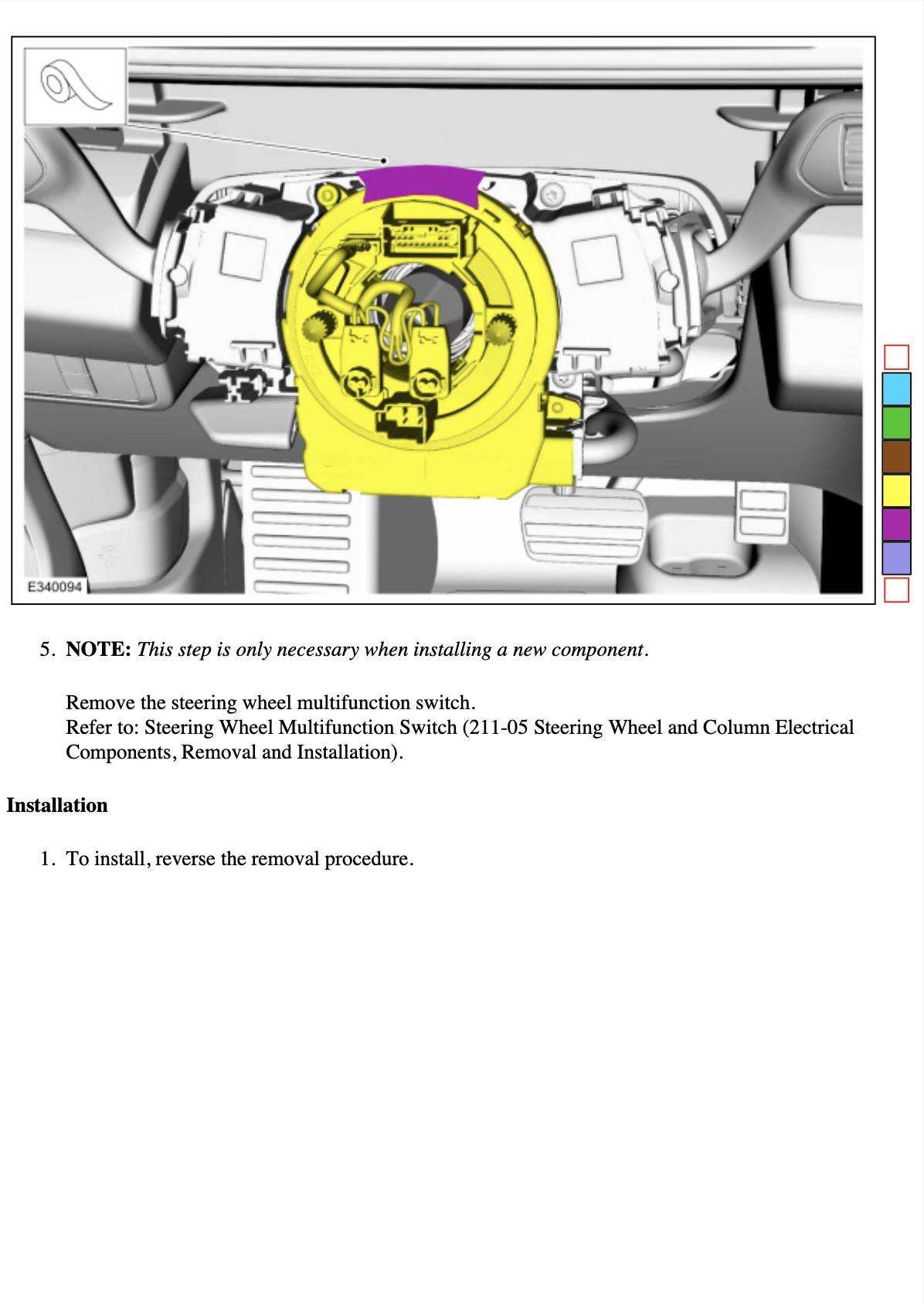 Ford OEM Yoke steering wheel installation diagram for Mustang Mach-E with highlighted component and instructions.