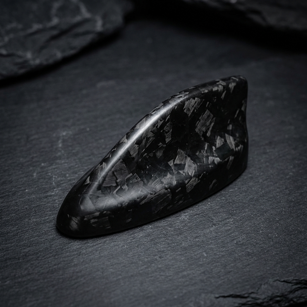 Shark Antenna Cap for Mustang Mach-E 2021-2025 in dry carbon fiber, black or forged carbon, easy 3M tape installation