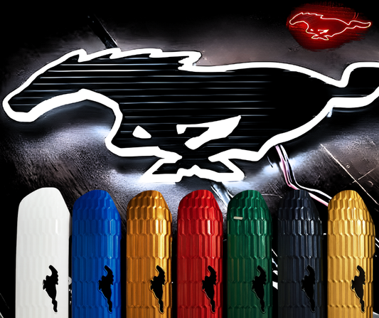 Ultimate Unbridle Pack LED pony grille lights in multiple colors with glowing Mustang logo background