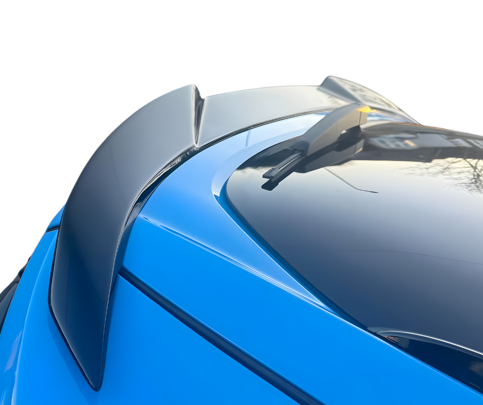 Spoiler V3 carbon fiber trunk spoiler installed on blue Mustang Mach-E rear hatch