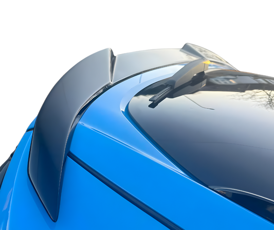 Spoiler V3 carbon fiber trunk spoiler installed on blue Mustang Mach-E rear hatch