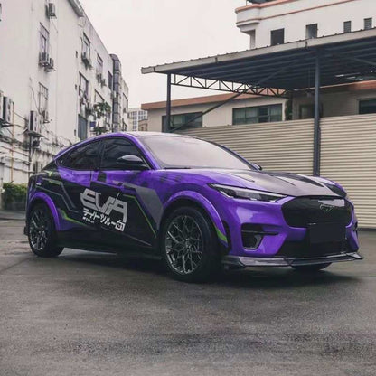 Purple Mustang Mach-E GT with wet carbon fiber front lip splitter installed, enhancing aerodynamics and sporty appearance.