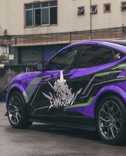 Purple sports car with wider fender flares and custom graphics parked outdoors