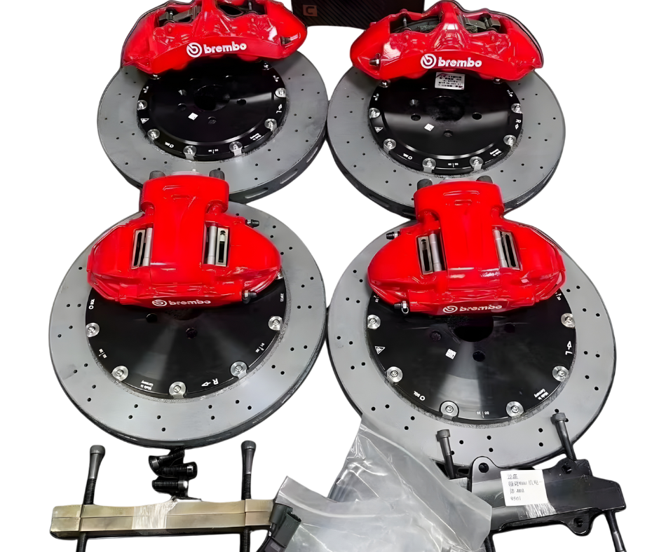 Front and rear drilled carbon ceramic disc rotors with red Brembo calipers and ceramic brake pads for 2021-2025 Ford Mustang Mach-E GT/GTPE