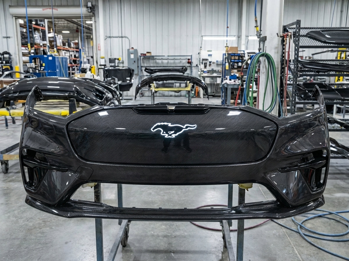 GT ORIGINAL BUMPER in real carbon fiber for Mustang Mach-E 2021-2026 with forged grill and LED pony emblem