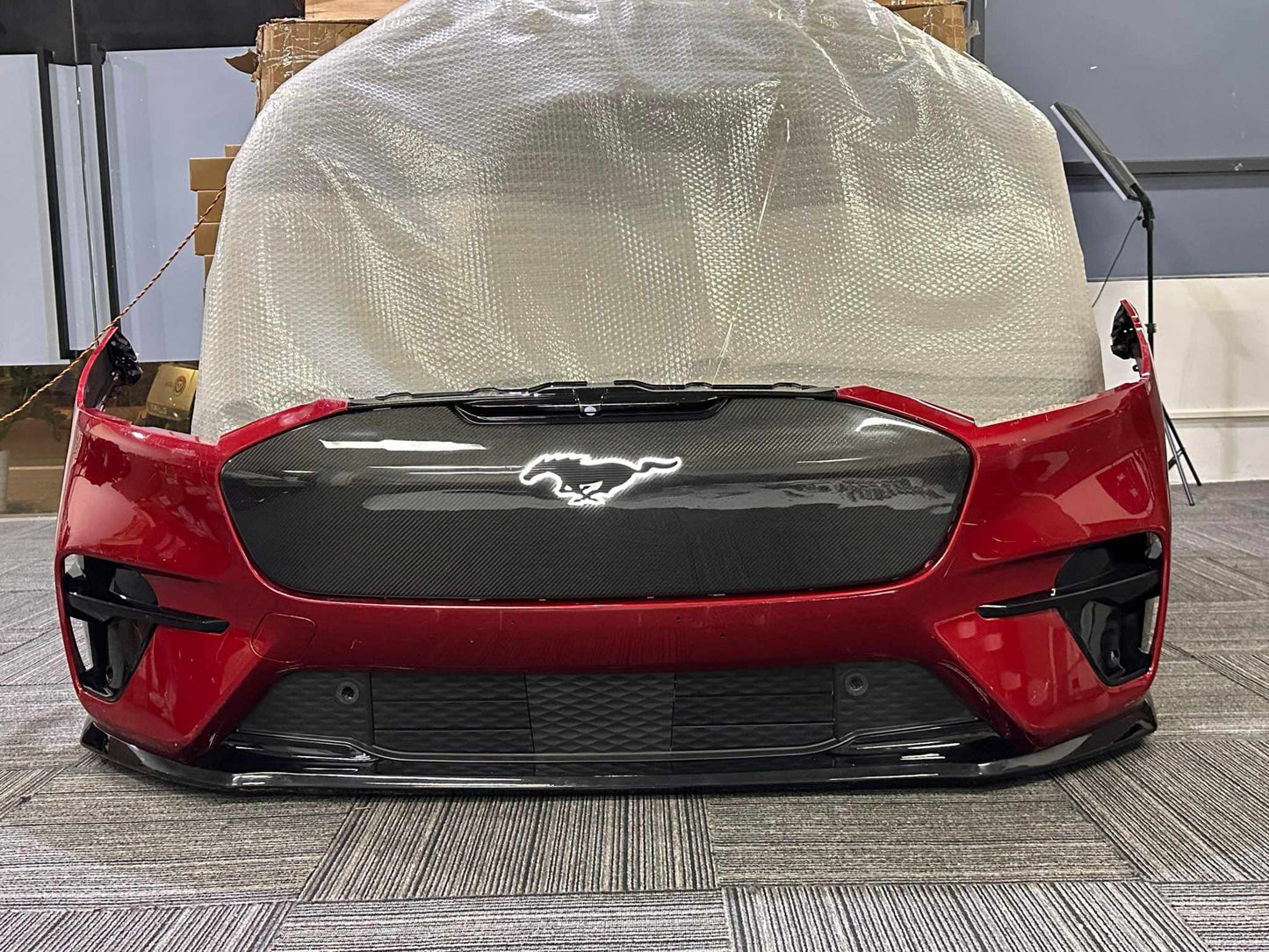 GT GRILL V2 carbon fiber grille with light-up pony for 2021-2025 Mustang Mach-E GT/GTPE front bumper in red