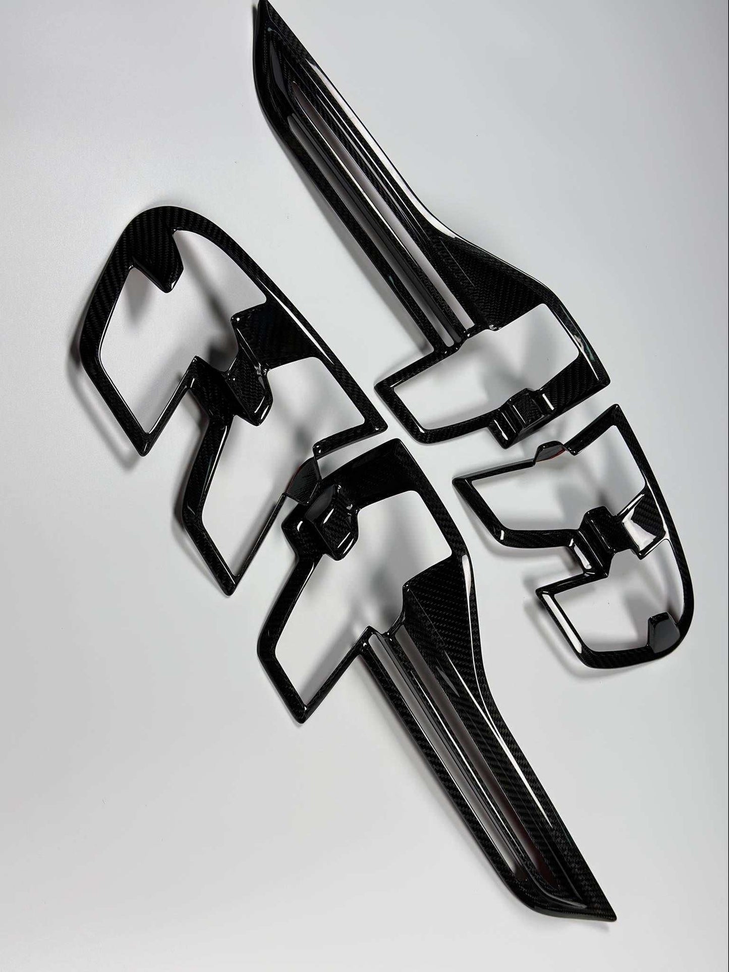 Dry carbon fiber kit for Mustang Mach-E including mirror caps, shark antenna, and rear lamp trims