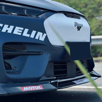 Front Lip Splitter on blue Mustang Mach-E GT front bumper with racing decals