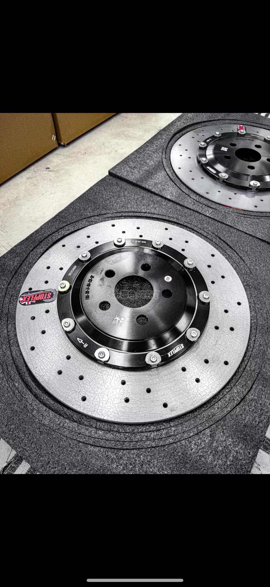 Drilled carbon ceramic disc rotors for Ford Mustang Mach-E GT with ceramic brake pads and Brembo calipers