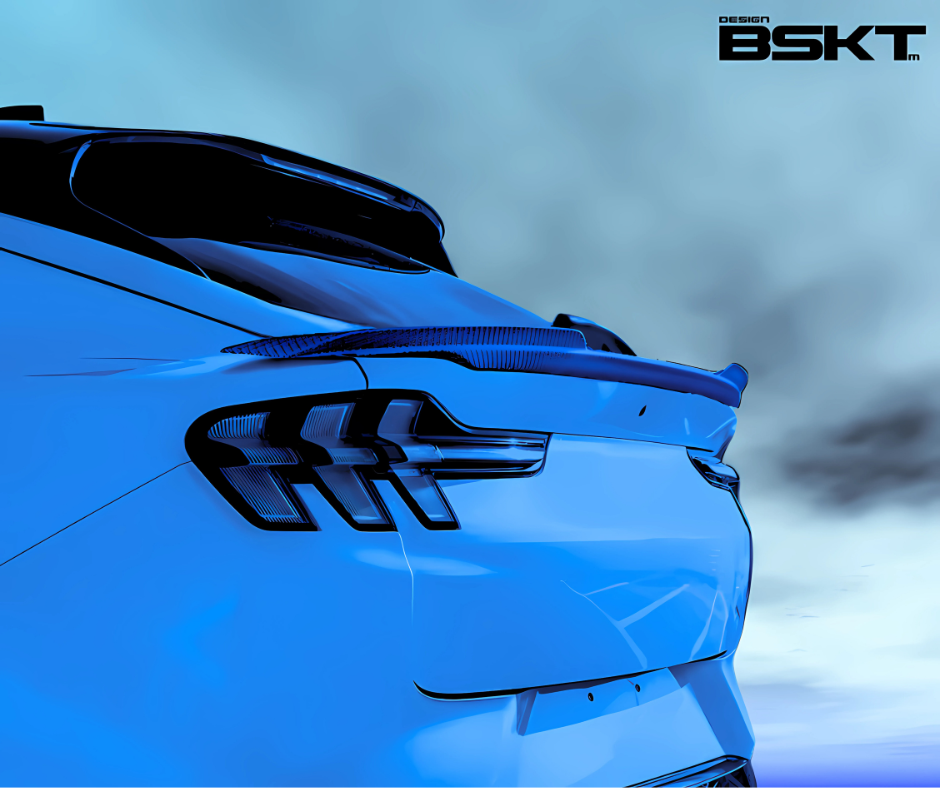 BSKT Design Spoiler V3 carbon fiber trunk spoiler installed on rear of blue Mustang Mach-E 2021-2025