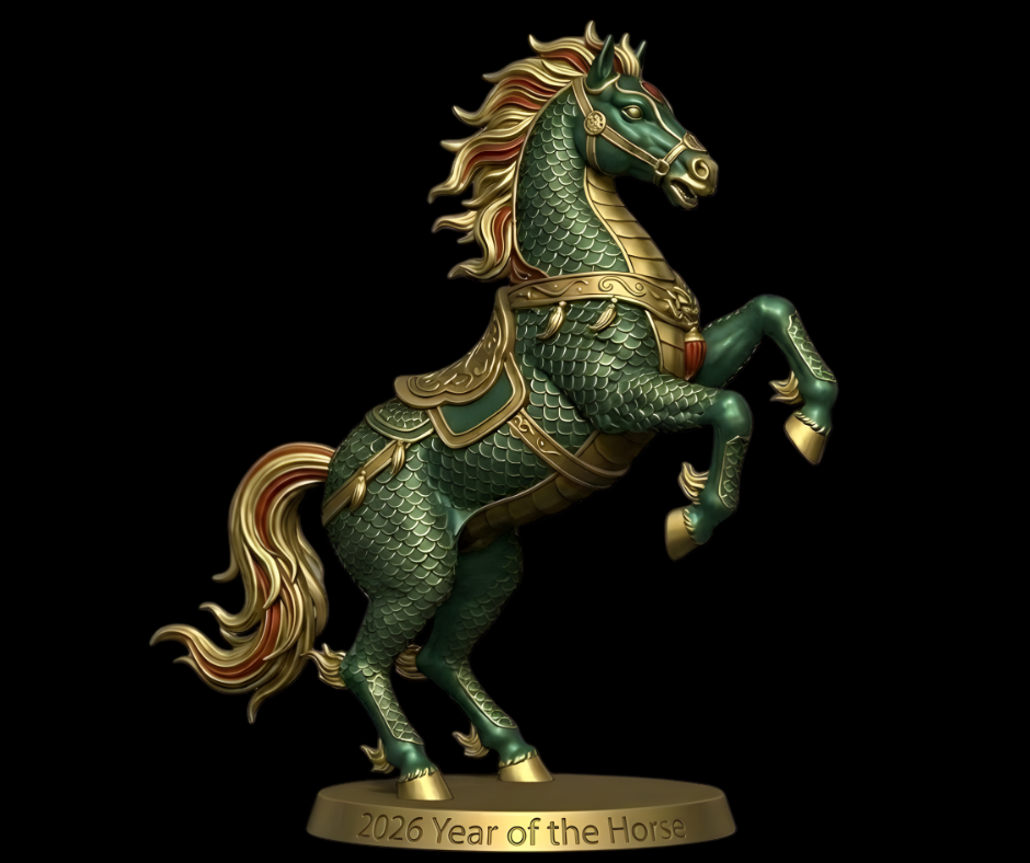 Hand-crafted medium bronze horse sculpture with dragon-scale textures from the Bronze Collection