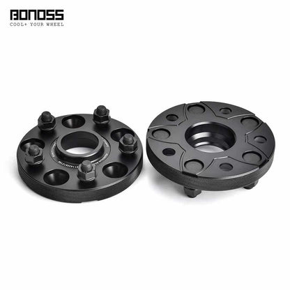 Pair of black forged aluminum wheel spacers with bolts for vehicle performance and appearance enhancement