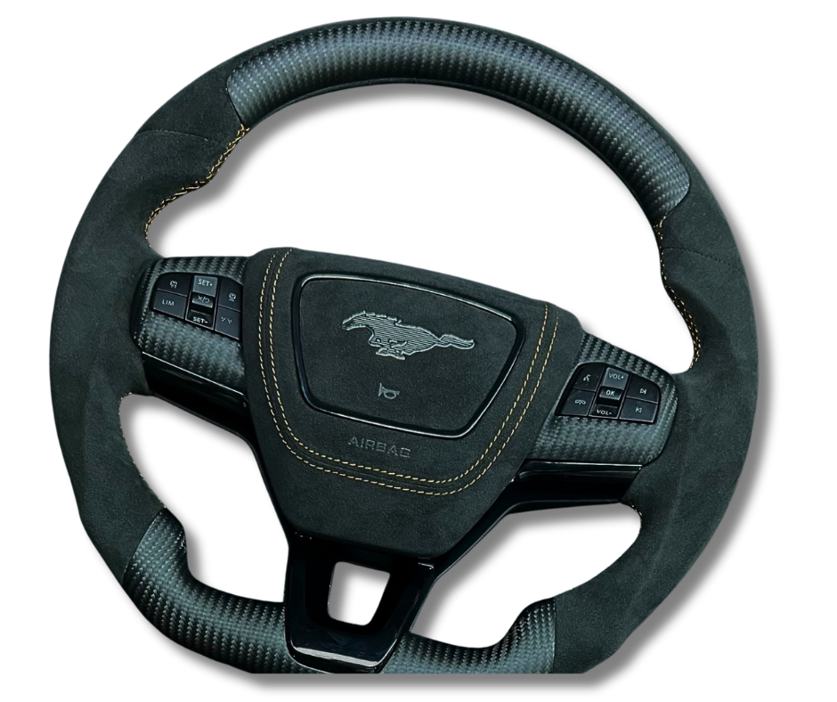 Custom made steering wheel for Mustang Mach-E with Alcantara grip, carbon fiber accents, and multifunction buttons