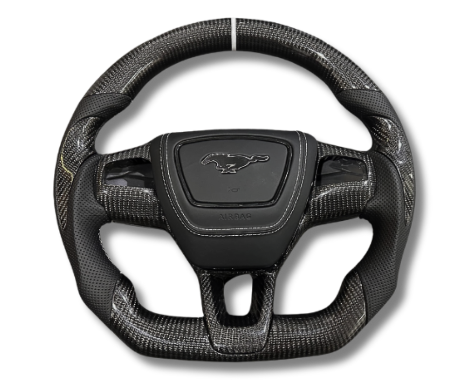 Custom made carbon fiber steering wheel for Mustang Mach-E with leather grip and stitching