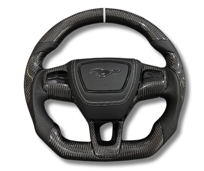 Custom made carbon fiber steering wheel for Mustang Mach-E with leather grip and stitching