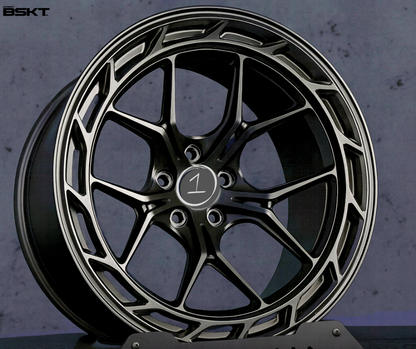 Custom forged Al6061-T6 aluminum wheel for Mustang Mach-E with intricate black and silver design, lightweight and durable.